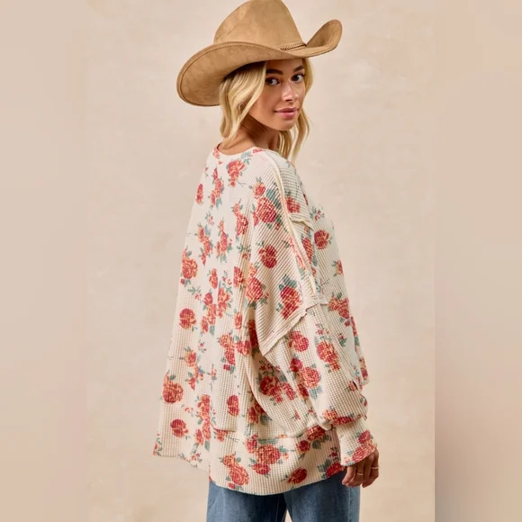 BiBi Floral Print Oversized Waffle Thermal Sweatshirt - Picture 3 of 10